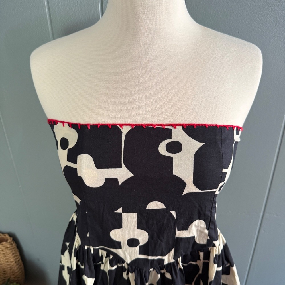 Bel Kazan Strapless Smocked Midi Dress Black Cream Geometric Abstract Boho Sz M - Picture 11 of 13